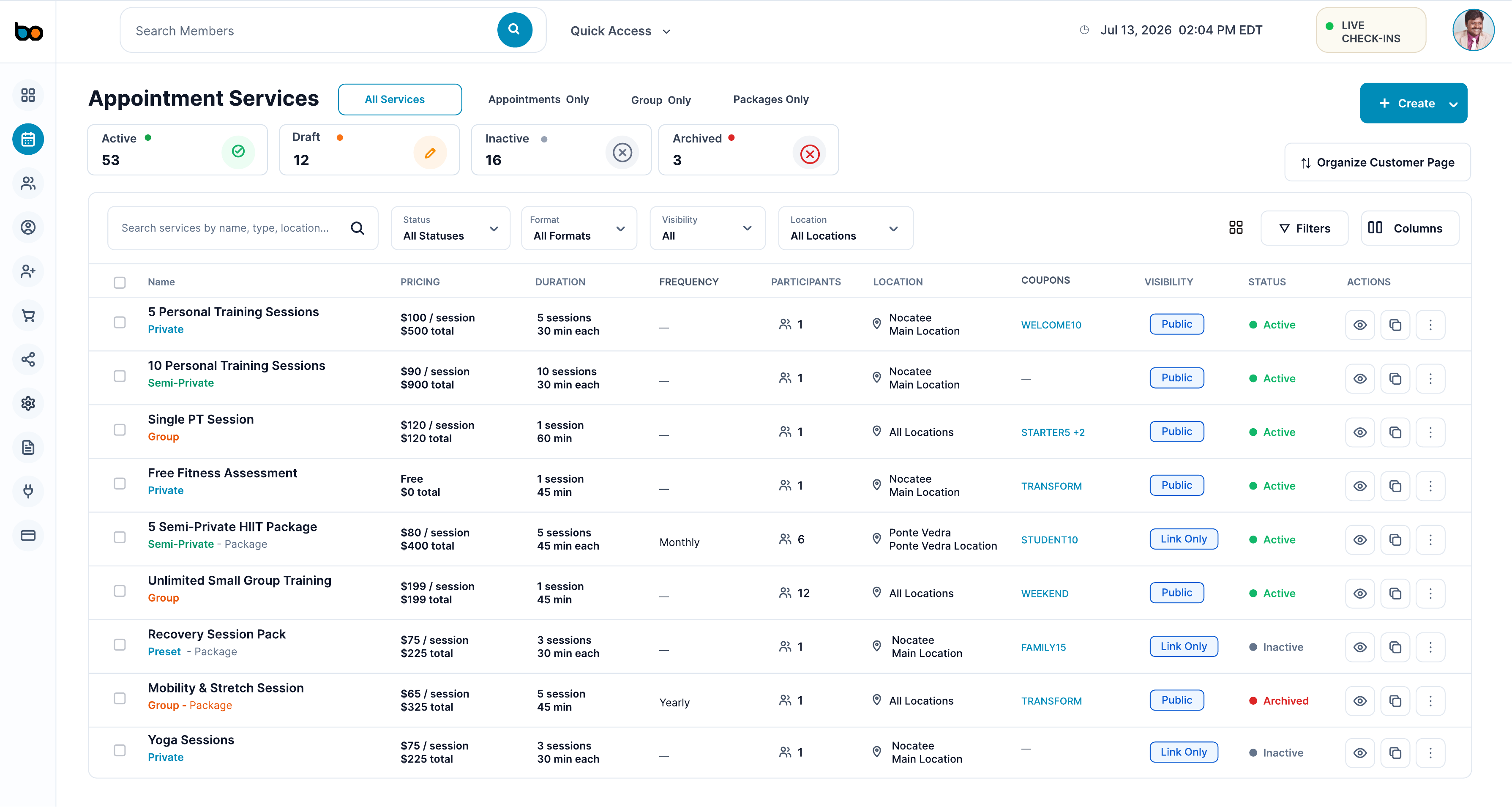 BuzOps Appointment Services List